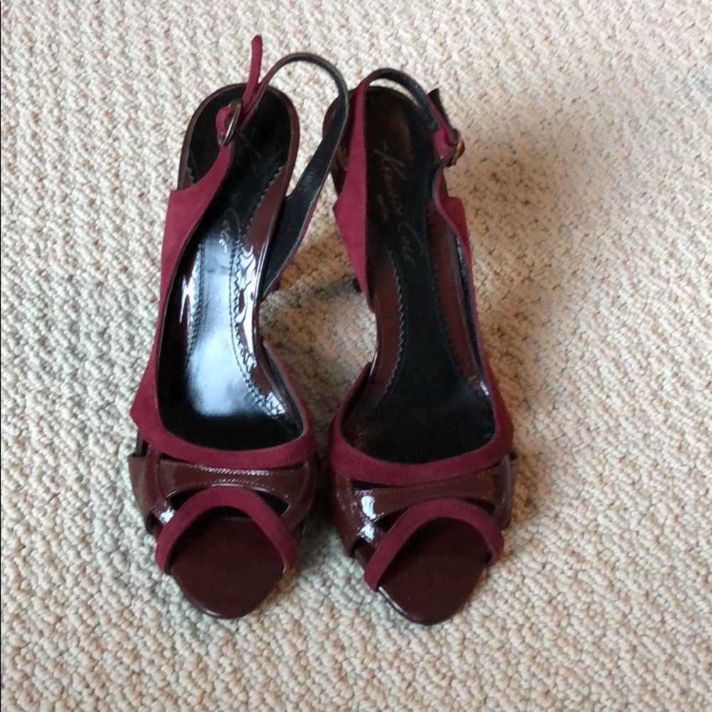 Maroon red suede and patent heels